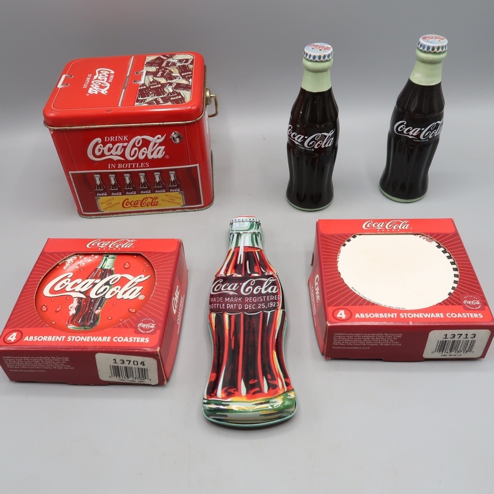 Lot of 5‎ Coca-Cola Items Including Coasters Sets Salt/pepper Pen Tin collector
